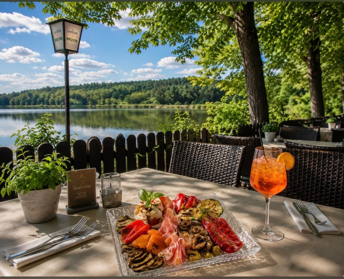 Italienische Antipasti auf der Terrasse mit Blick über den See